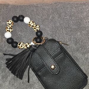 Black Textured Wristlet with Beaded Keychain